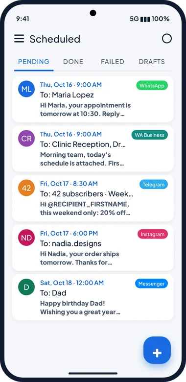 SKEDit's scheduled messages list with WhatsApp, WhatsApp Business, Telegram, Instagram and Messenger messages waiting to be sent