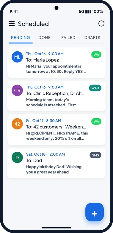 SKEDit's scheduled messages list with WhatsApp, WhatsApp Business and SMS messages waiting to be sent