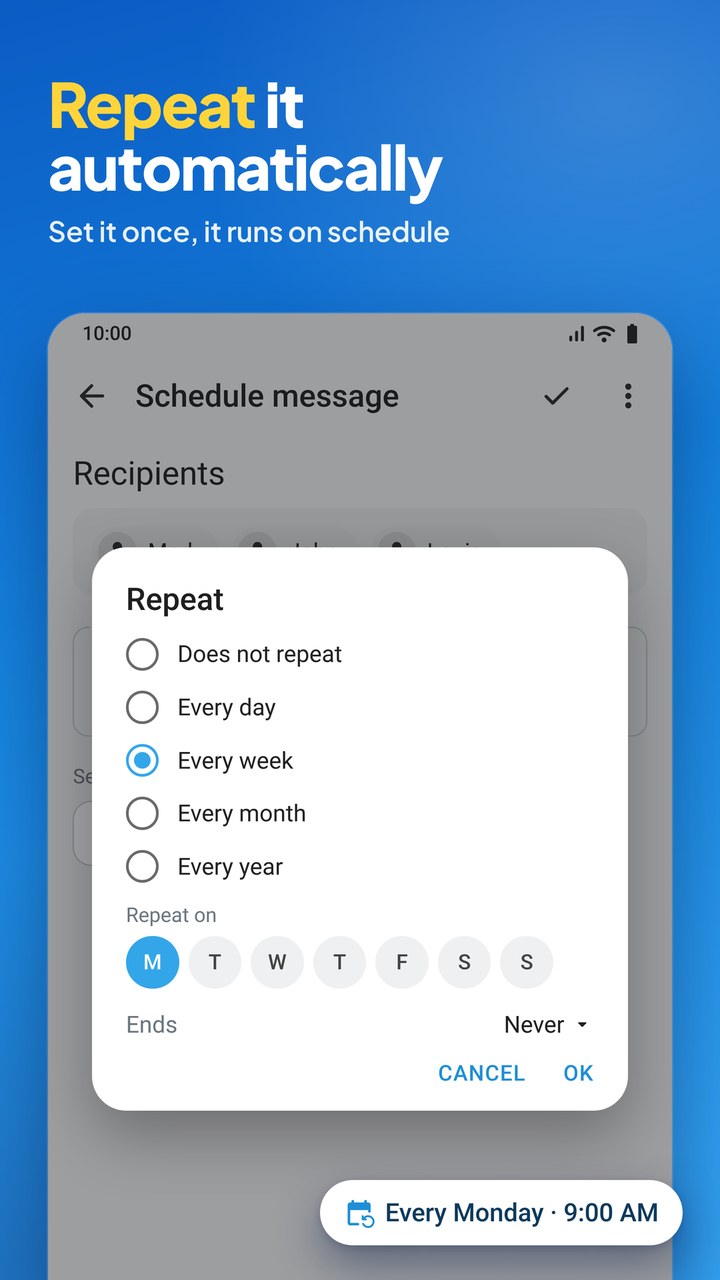 SKEDit Repeat options: does not repeat, every day, every week with Monday selected, every month and every year, ending never